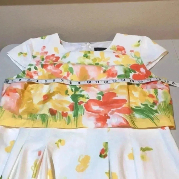 COVINGTON Vibrant Floral One Piece Pleated Dress Crop Top Overlay & Cap Sleeves - Picture 10 of 11